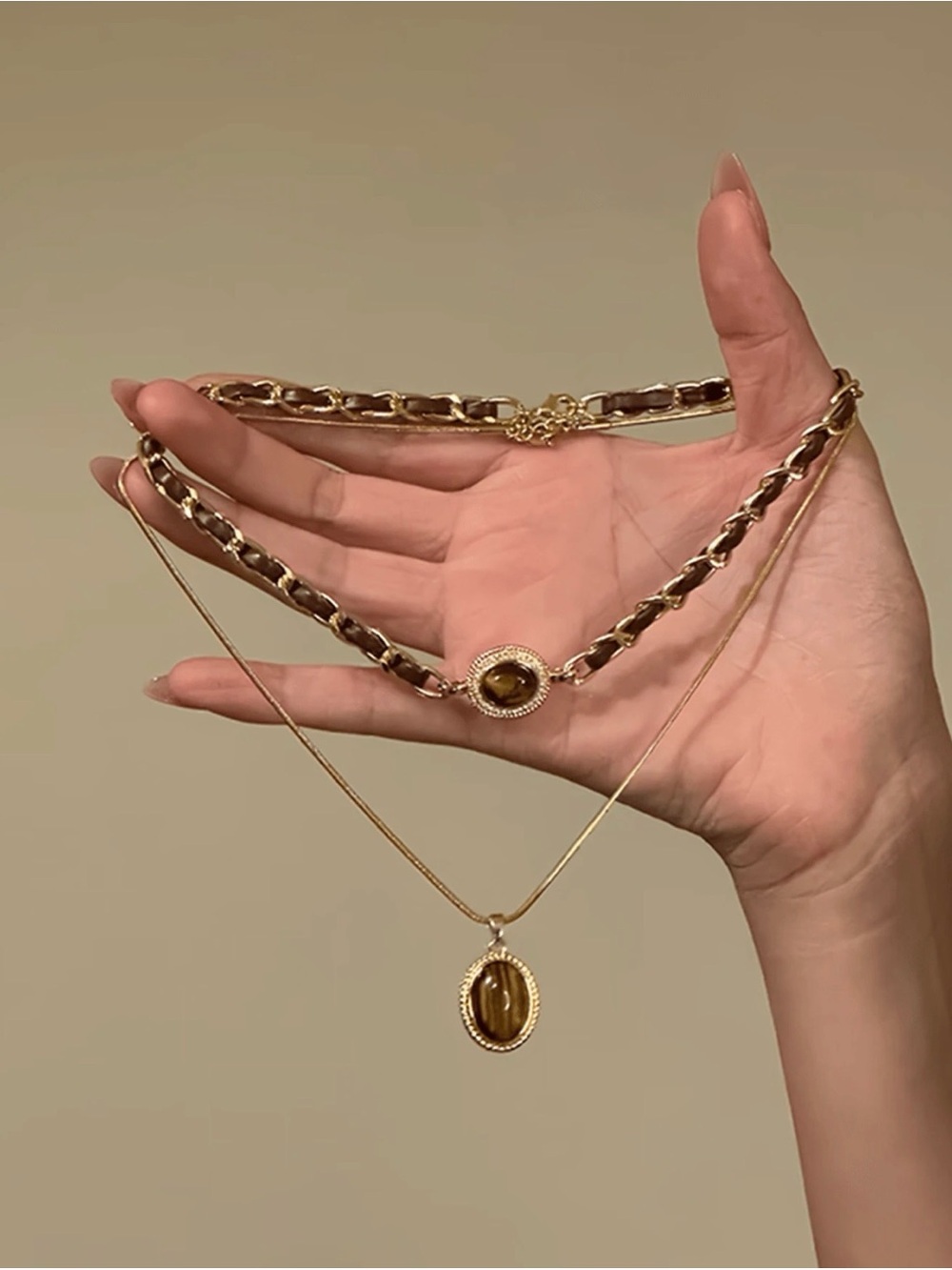 Gold-Tone Double Layer Necklace with Brown Stone Pendants